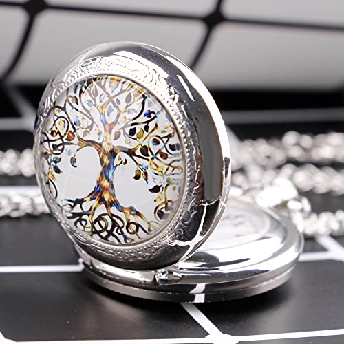 Silver Stainless Steel Tree Of Life Glass Cabochon Pocket Watch Best Gifts For Women Girls #TOP4