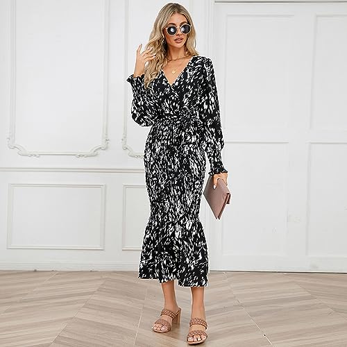 Robe longue col en V impression tendance mode avec ceinture M
