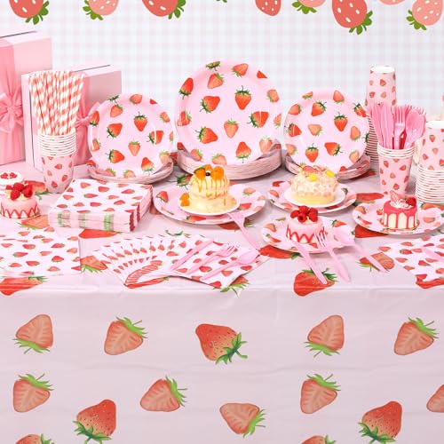 Image of Funnymoom 452 Pcs Strawberry Party Supplies for 50 Guests, Strawberry Paper Plates Napkins Cups Tablecloth Cutlery Straws for Berry First Birthday Baby Shower Party Decorations