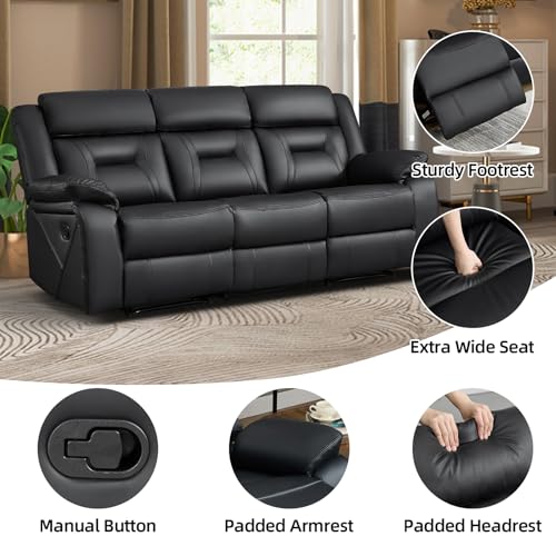 Image of EBELLO Faux Leather Manual Reclining Sofa, 3 Seat Recliner Sofa Chair, Couch Furniture for Living Room, Furniture, Meeting Room, Black (3 Seat Sofa)