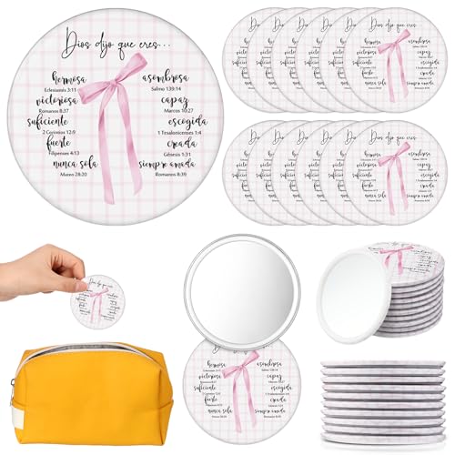 Yalikop 30 Pcs Mini Spanish Bible Compact Mirrors Bulk, Positive Affirmation Bible Verse Compact Mirrors, Women Pink Bow Portable Round Makeup Mirror for Pentecost Trinity Sunday Church Party