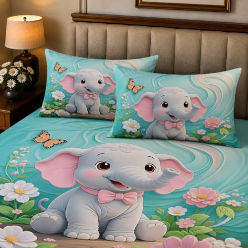 Image of 7D Digital Printed King Size Bedsheet with 2 Pillow Covers | Soft Premium Cotton Feel Microfiber Double Bed Bedsheet |Breathable,Wrinkle Free&Fade Resistant|(Blue Elefant, KingSize-225x250CM)