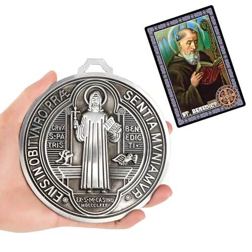 5 Inch St Benedict Medals with Saint Benedict Prayer Cards Home Protection,Catholic St Benedict Crucifix for Door Hanger Mexican Wall Art Decor,Escapularios Catolicos,Medalla De San Benito (Silver)