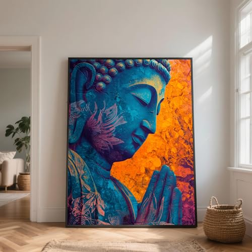 Tableau de Bouddha bleu sur toile 40x60cm pour décoration salon zen