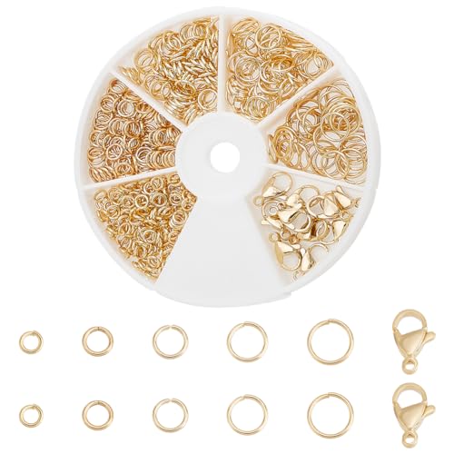 PH PandaHall 24K Gold Plated Jewelry Clasps Kit, 530pcs 4/5/6/7/8mm Open Jump Rings with 10pcs 12x7mm Lobster Claw Clasps 304 Stainless Steel Jewelry Findings for Keychain Pendants Jewelry Making