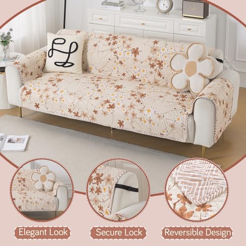 Image of HOKIPO Double Sided Quilted Sofa Cover 5 Seater Fully Covered, (3+1+1) Sofa Cover Set, Easy Drape Series, Golden Bloom (IN-1101 + IN-1099 * 2-ED8)