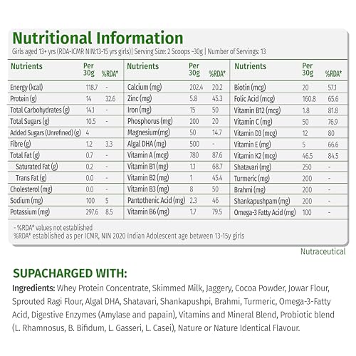 Image of Power Shake Teen Girls 13+ Yrs (3 x 400g)| Height & Strength Drink | 14g Protein, 33 Nutrients, Probiotics & Ayurvedic Actives| Daily Nutrition Drink supports Height, Strength & Focus | Chocolate 1200g | Safe Nutrition Drink For Teens