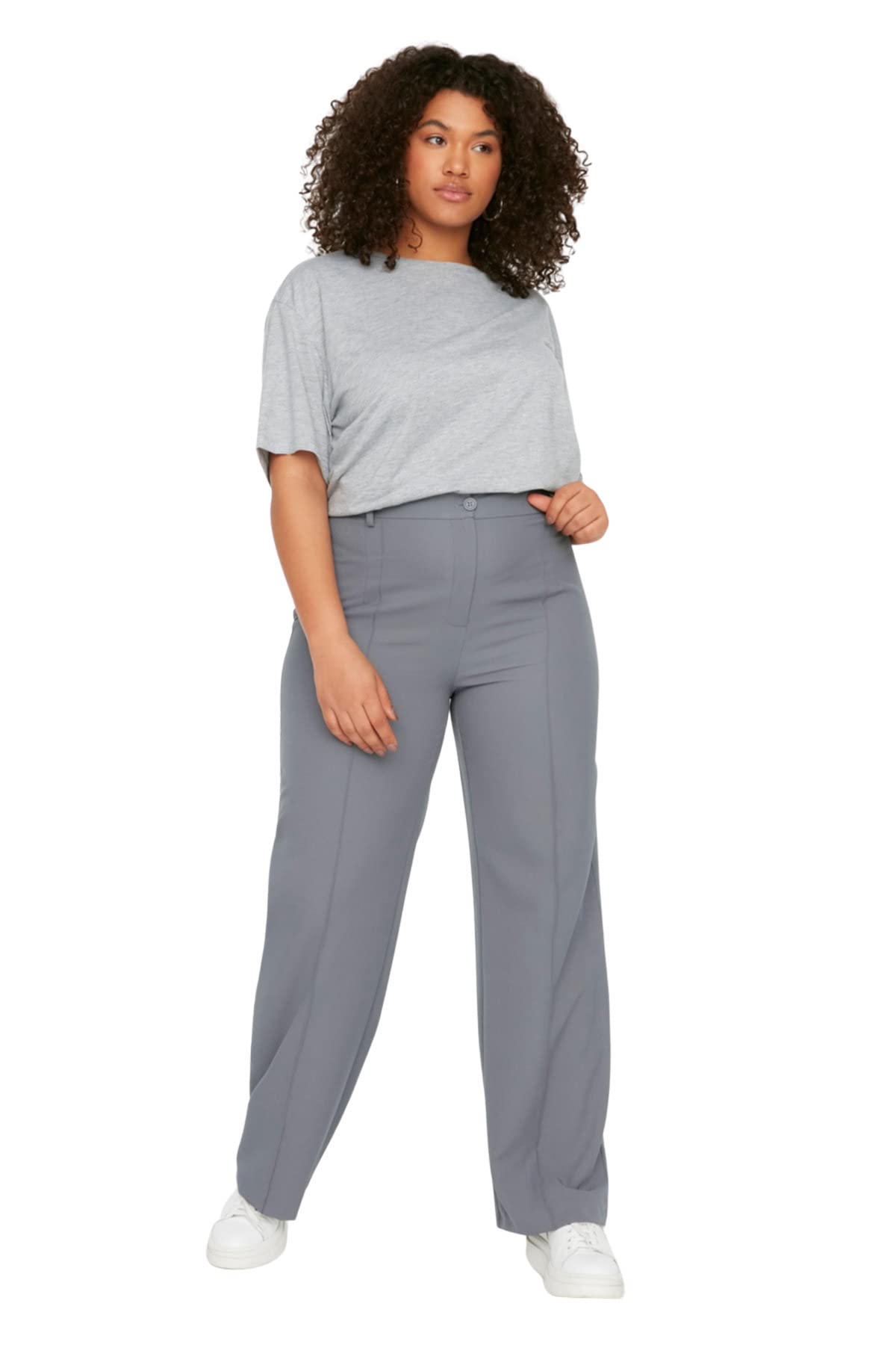 Trendyol Women Plus Size Regular Waist Wide Leg Wide Leg Plus Size Trousers Green