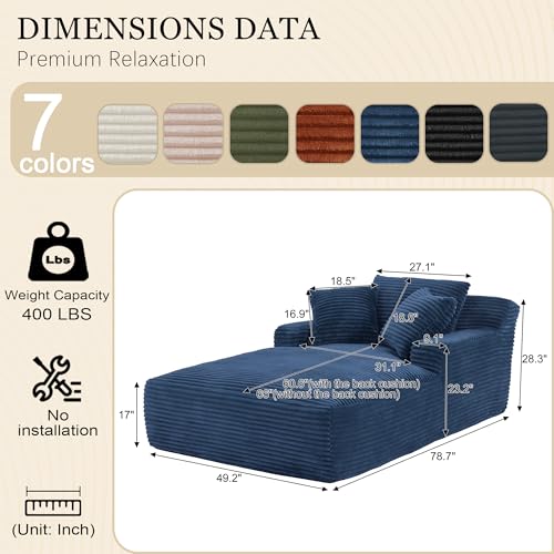 Image of 80 Inch Chaise Lounge Chair Indoor, Oversized Corduroy Upholstered Boneless Sofa Bed, Deep Seat Sleeper Couch Reading Chairs, Cloud Sofas Couches for Living Room, No Assembly Required (Blue)