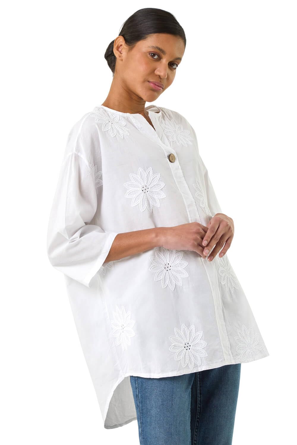 Roman Women's Ivory Cotton Floral Embroidered Tunic Top In Large