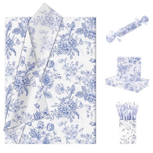 Larcenciel Floral Tissue Paper Bulk, Vintage Blue & White Flower Tissue Paper for Gift Bags, Wrapping, Crafts, Decoupage Art Packing Supplies for Weddings, Birthdays, Holidays Decor, 30 Sheets 20x14in