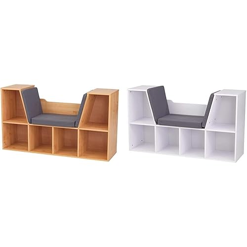 KidKraft Wooden Bookcase with Reading Nook, Storage and Gray Cushion - Natural, Gift for Ages 3-8 & Wooden Bookcase with Reading Nook, Storage and Gray Cushion, White, Gift for Ages 3-8