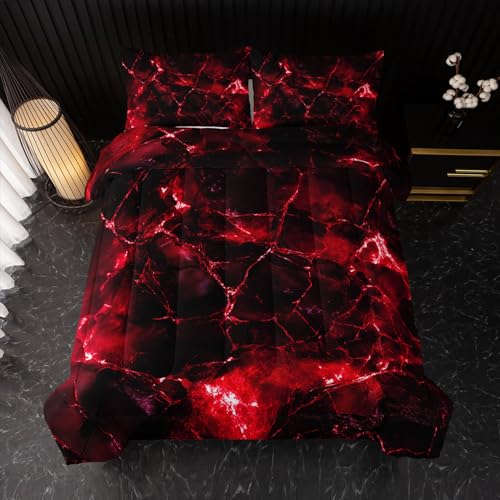 Image of Nttopship Red Comforter Set Twin Size,Red Marble Bedding Set 3 Pcs Bedding for Adults, Marble Room Decor with Comforter and 2 Pillowcases Soft and Lightweight B-Side Black