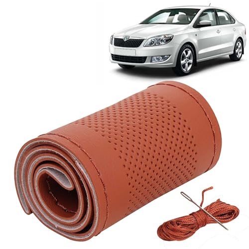 Image of KINGSWAY PU Leatherite Car Steering Cover Sewable Compatible with Skoda Rapid (Year 2011-2016), Tan Color with Tan Thread, Pack of 1 with Sewing Needle and Thread