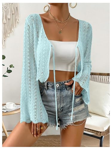 Image of Verdusa Women's Tie Front Crop Cardigan Bell Long Sleeve Scalloped Lightweight Knit Tops Summer Beach Cover Up