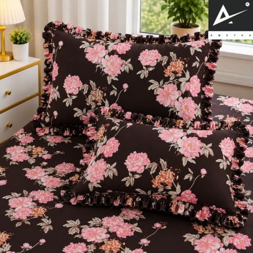 Image of 320 TC Premium Soft Cotton Feel Microfiber Elastic Fitted Bedsheet King Size (72 x 78 x 8 Inch) with 2 Frill Pillow Covers | All Around Elastic Double Bed Sheet | Coffee