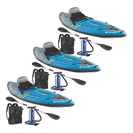 Sevylor K1 QuikPak 1 Person Kayak with 21 Gauge PVC Inflatable Coverless Sit On Top Design & Integrated Backpack, Blue (3 Pack)