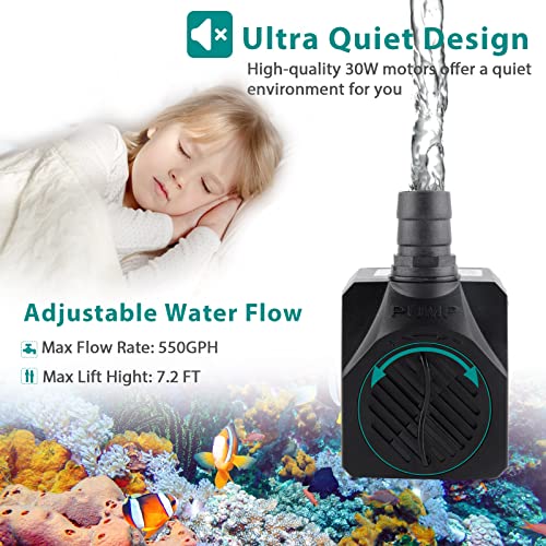 Image of FREESEA Aquarium Submersible Fountain Pump: 30W 550GPH Adjustable Quiet Water Pumps with 7.2ft High Lift for Small Pond | Waterfall | Outdoor | Statuary | Hydroponic (550GPH) (Pack of 2)