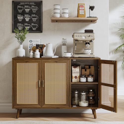 HULALA HOME Storage Cabinet with 3 Natural Rattan Doors and Adjustable Shelves, Wooden Sideboard Buffet Cabinet with 2-Tier Storage and Solid Wood Legs for Living Room and Dining Room, Espresso