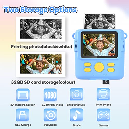 Kids Camera Boys Girls, Kids Instant Print Camera Toy 3-14 Year Old, 1080P HD Kids Digital Camera with Photo Paper Birthday Gifts 3 4 5 6 7 8 9+ Year Old Boy 6 Colour Pens 32GB SD Card - Image 2