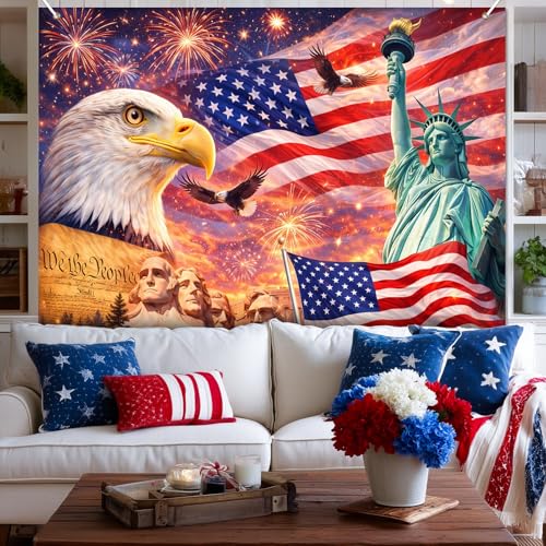 Image of BlissYard 4th of July Backdrop Independence Day Patriotic Decorations American Flag Bald Eagle Statue of Liberty 8x6ft Veterans Day Memorial Day Patriotic Party Banner Photo Booth Background