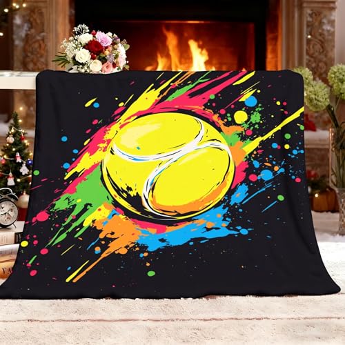 Sherpa Weich Fleecedecke L 100x130cm Graffiti Sport Tennis-Thema Überwurf Flauschig Flanell Anti-Pilling Schwarz Decke Warm Waschbar Decke für Bett & Couch Tagesdecke Kuscheldecke