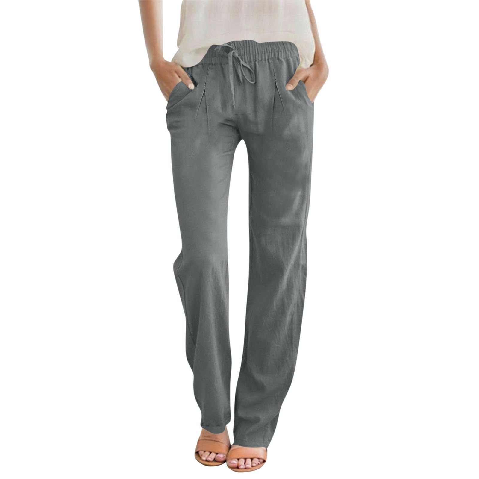 LRMQS Summer Cotton Linen Pants for Women 2026 Casual Drawstring Elastic Waist Trendy Trousers with Pockets Beach Clothes