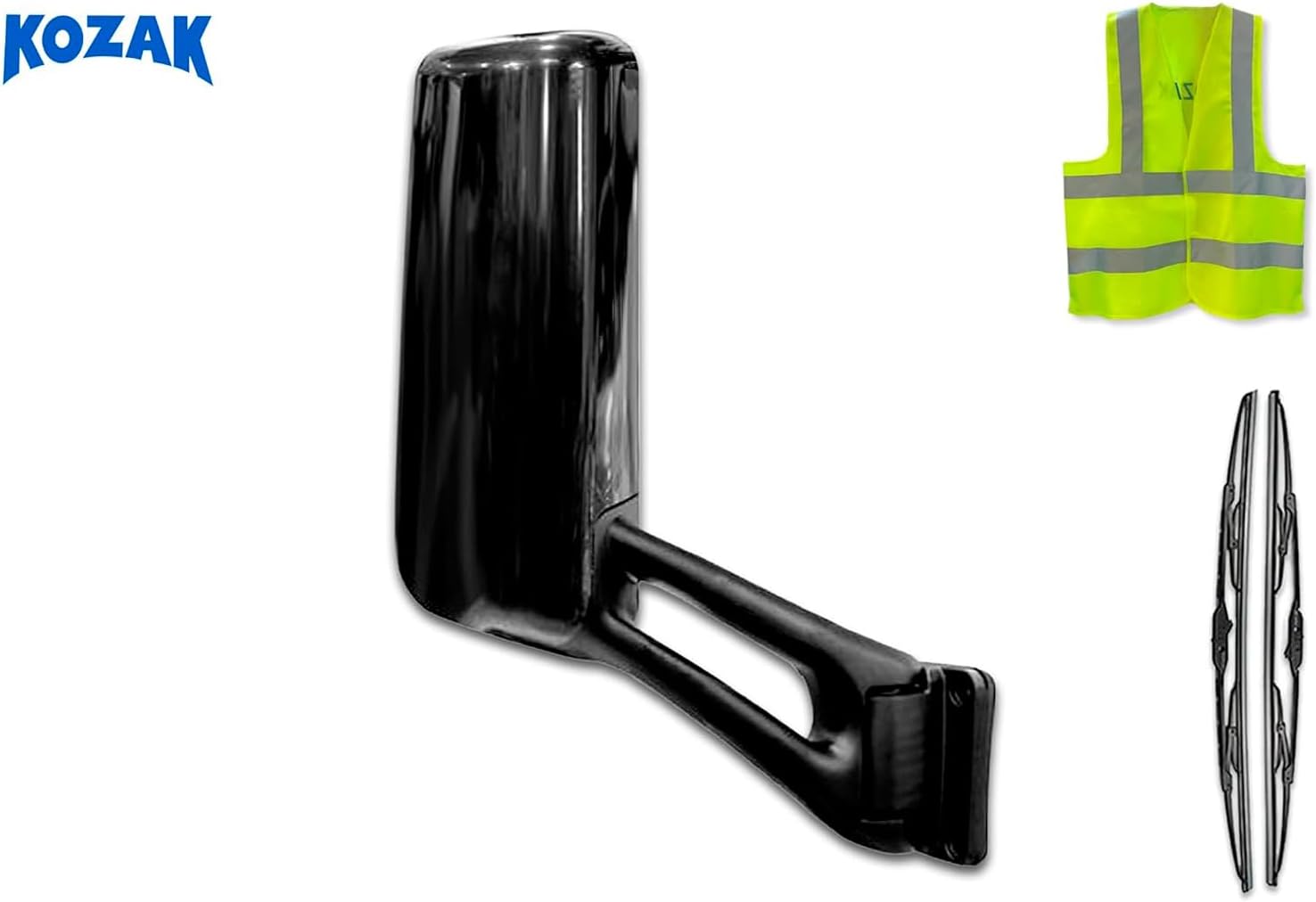 Kozak Black Door Mirror with Arm Right [Passenger] Side Compatible With Peterbilt 579 2013-2021 Semi Trucks PLUS Logo, Kozak Vest and 2x22 inch Windshield wipers
