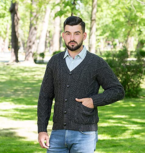 SAOL 100% Merino Wool Men's Aran Cable Knit V Neck Casual Irish Cardigan with Buttons and Pockets3