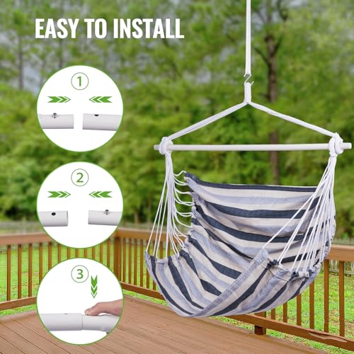 Image of Backyard Expressions Striped Hammock Chair Hanging Rope Swing Chair, Anti Slip Steel Spreader Bar