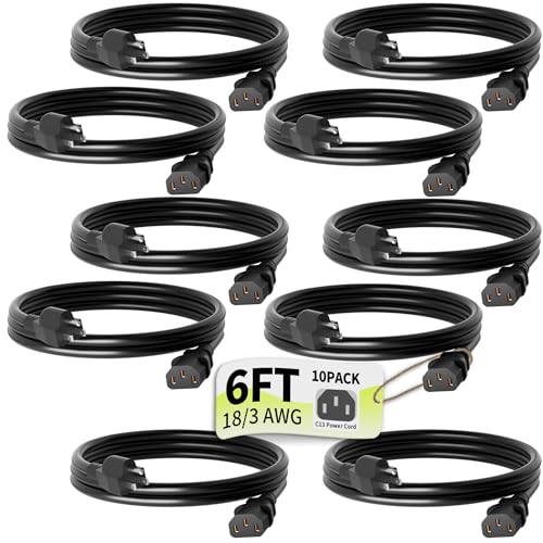 Image of 3 Prong AC Power Cord Cable 6ft 10 Pack 10 Amps 125 Volts 18AWG, NEMA 5-15P to C13, Black PC Power Cable for TV, Computer, Monitor, Printer, PlayStation, HP, Dell, Lenovo, Apple, Asus-ETL Listed
