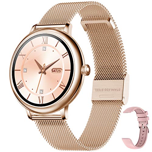 Reloj Inteligente Smartwatch Fitness Tracker IP67 Impermeable Salud Seportes con Frecuencia Cardíaca, Presión Arterial, Sueño, Contador de Calorías, Podómetro, Recordatorio SMS iOS Android (Oro)