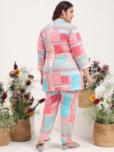 Image of Tissu Women's Plus Size Pure Cotton Red Asymmetrical Top with Trouser Co-ord Set