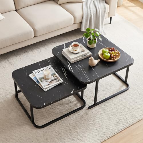Image of Giantex Nesting Coffee Table Set of 2, Faux Marble Center Table with Metal Frame, Modern Square Accent Cocktail Table, Small Coffee Table for Living Room, Small Spaces (Black)