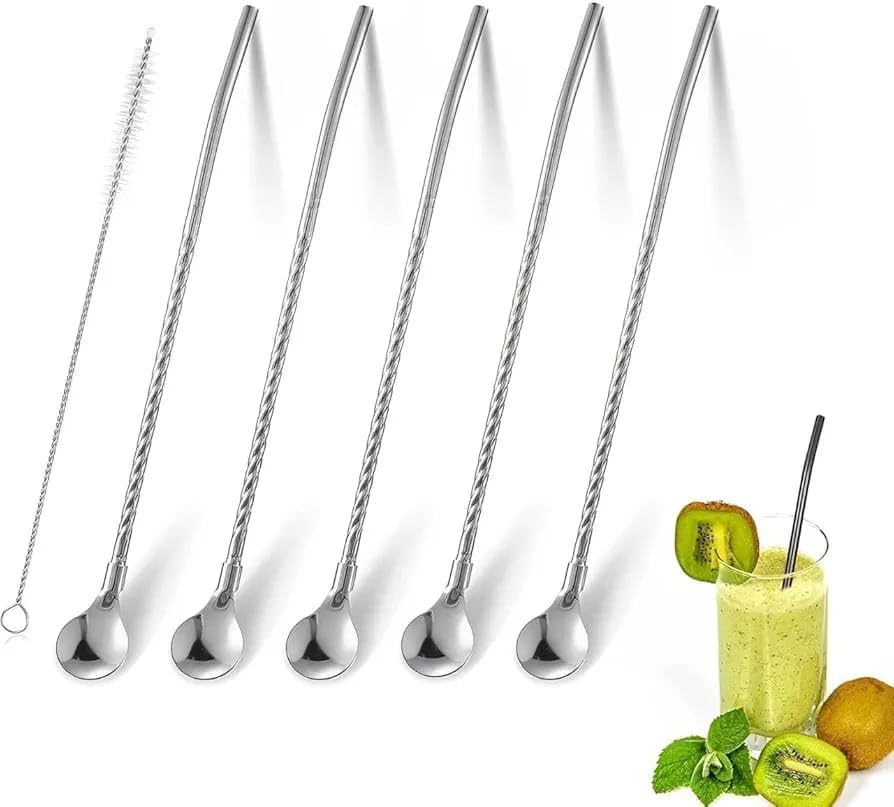 Reusable Stainless Steel Drinking Straw Spoons with Cleaning Brush for Kids & Adults, Stirrer Long Bar Ice Cream Spoons for Shaking, Mixing, Cocktail, Coffee, Milk Shakes-image-2