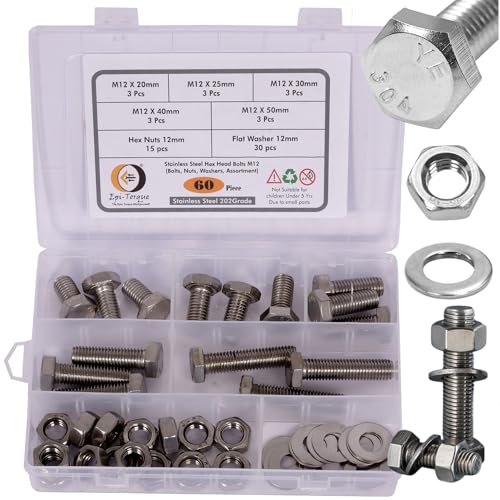 Image of Metric M12 Stainless Steel 202 Grade Hex Head Bolts Nuts & Washers Assortment Kit with Storage Box - 60 Pieces