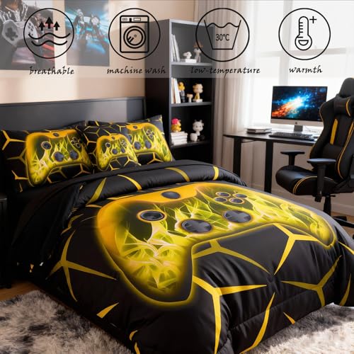 Image of ZRNBAST Boys Gamer Comforter Set, Twin Bed in a Bag Gold Gaming Bedding