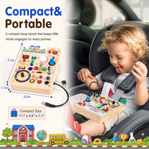 Image of Busy Board with LED Light Switches, Montessori Toys for 1 2 3 Years Old, Toddlers Wooden Toy Sensory Activity Board, Travel Toys for 1+ Year Old Boy & Girl Birthday Gift (School)