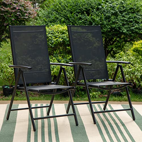 Phi Villa Folding Patio Dining Chairs Set Of 2, Adjustable Patio Sling Chairs Reclining High Back Chairs With Armrest For Outdoor Garden Lawn Pool Yard, No Assembly, Black #TOP6
