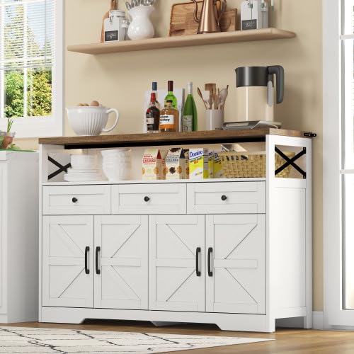 Credenza 140 cm, bianco marrone, credenza con 3 cassetti e 2 ante | Credenza in stile rustico con ante decorative a forma di X, 3 cassetti e 2 armadi, robusto MDF, molto spazio