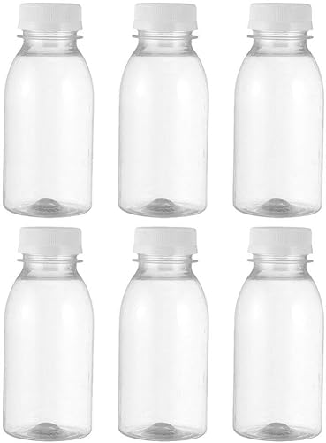 Kichvoe Botellas de leche vacías botellas de jugo con tapas blancas para exprimir, 6 unidades de 3.4 fl oz, botellas vacías transparentes