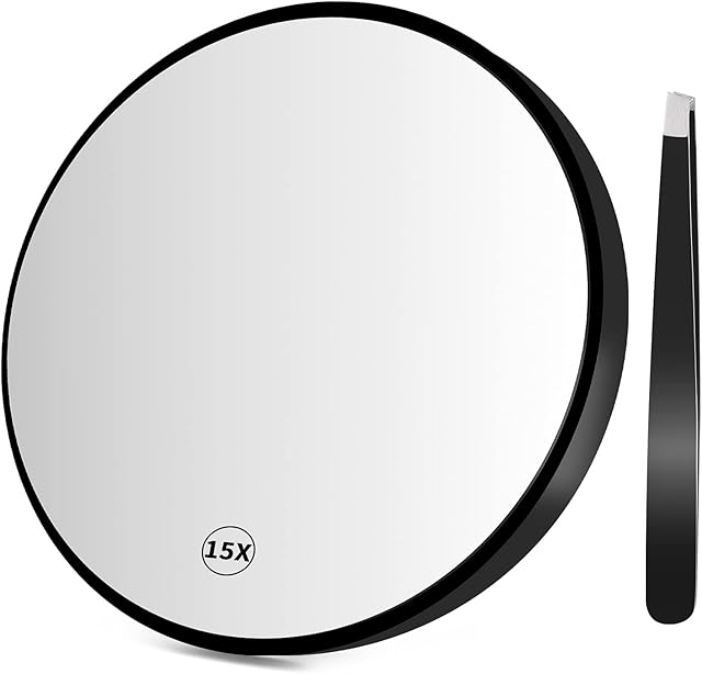 Xinstroe 15X Magnifying Mirror and Eyebrow Tweezers Kit, Small Precise Make-up Mirror with Suction Cups, Travell Pocket Mirror for Bathroom and Beauty Care(8.8cm)