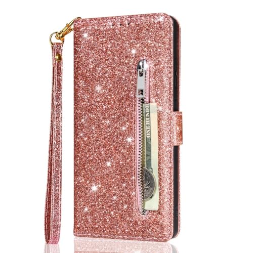 Étui portefeuille Samsung Galaxy A15 or rose pailleté avec pochette zippée