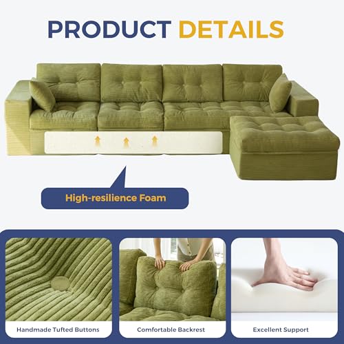 Image of MAXYOYO 132 inch L Shaped Modular Sectional Sofa with Ottoman, Cloud Boneless Couch with Layered Cushion, Upholstered Sofa in a Box, Flexible Module Combination for Living Room, No Assembly, Green
