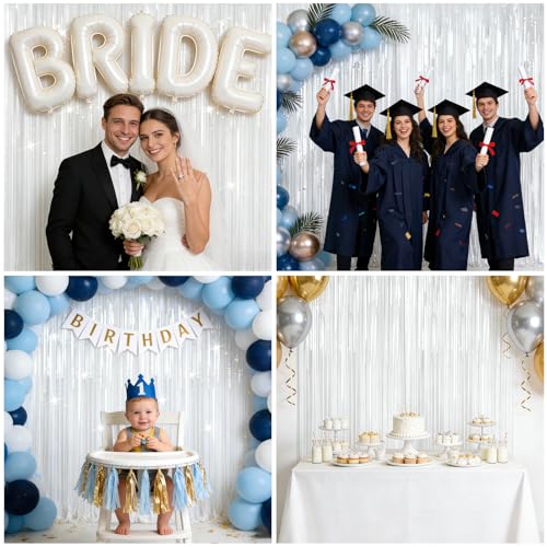 Image of 4 Packs White Foil Fringe Curtain, White Glitter Metallic Tinsel Backdrop for Birthday Wedding Baby Shower Bachelorette Graduation Christmas Halloween Party Decorations Supplies