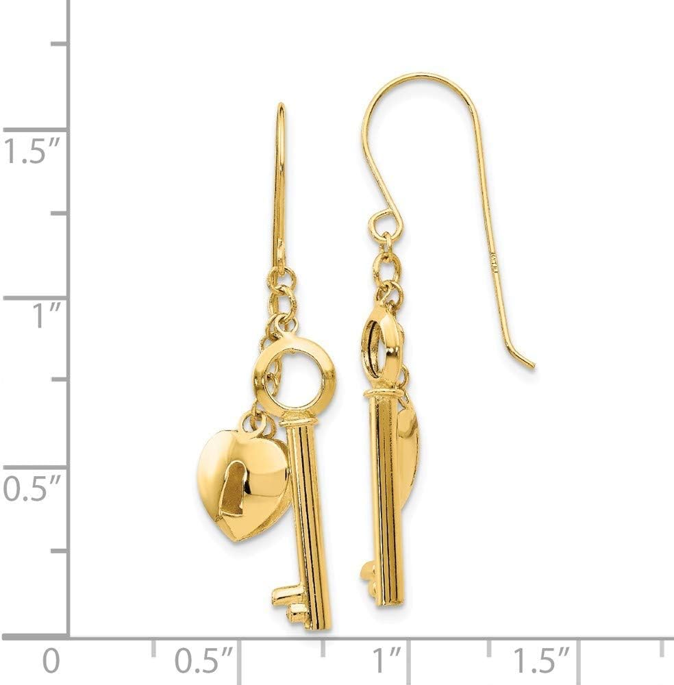 14K Yellow Gold Puff Heart Lock and Key Earrings