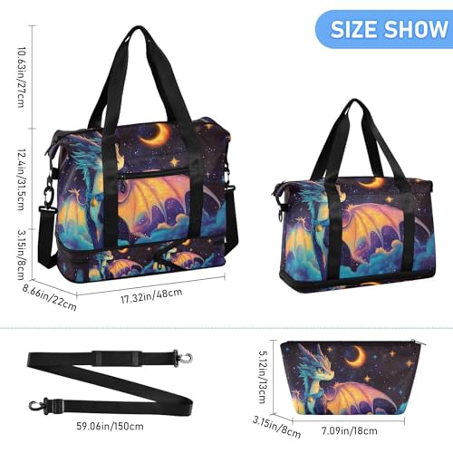 Dragon Weekender Bag for Women, Crescent Moon Star Dragon Gym Sports Duffle Travel Swim Tote with Toiletry Bag Shoes Compartment Dry/Wet Separation3