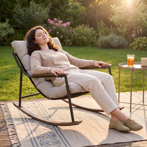 CHINNLUU Outdoor Patio Papasan Rocking Chair with Armrest Indoor Recliner Rocking Chair with Padded Cushions Lounge Rocker for Porch Garden Backyard Balcony