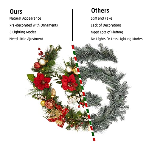 GarveeHome Prelit Christmas Garland for Mantle, 9 Ft Battery Operated Xmas Garland with Lights Red Gold Ball Ornaments Poinsettia Flower for Fireplace Front Door Stairs Railing Indoor Outdoor Decor