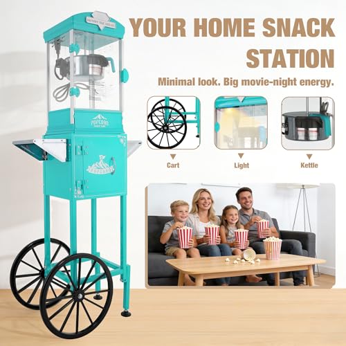 Image of 10oz Popcorn Machine with Cart - Vintage Movie Theater Style Maker - Shatterproof Acrylic and Storage Cabinet for Home Parties, Concessions - Turquoise